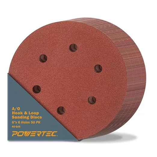 POWERTEC 40 Grit, 50 Pack, 6 Inch Sanding Discs – Hook and Loop, 6-Hole Aluminum Oxide Orbital Sander Pads, Woodworking Round Sandpaper for Random Orbital, Air, Pneumatic & DA Sanders (45204-P2)