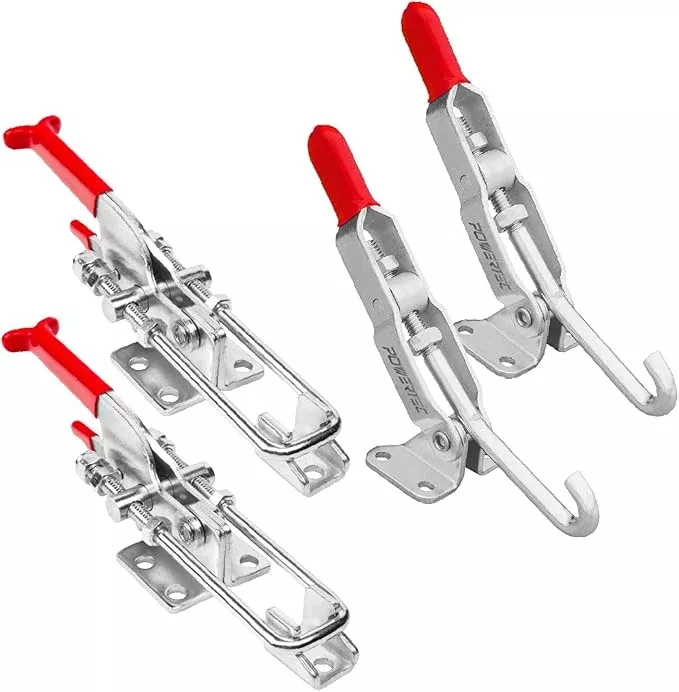 POWERTEC 4PK Toggle Clamp Set, 375 lbs & 700 lbs Holding Capacity, J Hook and Self-Lock U-Bolt Adjustable Latch for Smoker, Tool Box, Woodworking Jigs and Fixtures, Cabinet, Lids, Door, Truck (20345)