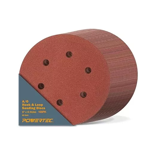 POWERTEC 60 Grit, 100 PK, 6 Inch Sanding Discs – Hook and Loop, 6-Hole Aluminum Oxide Orbital Sander Pads, Woodworking Round Sandpaper for Random Orbital, Air, Pneumatic & DA Sanders (45206-P4)