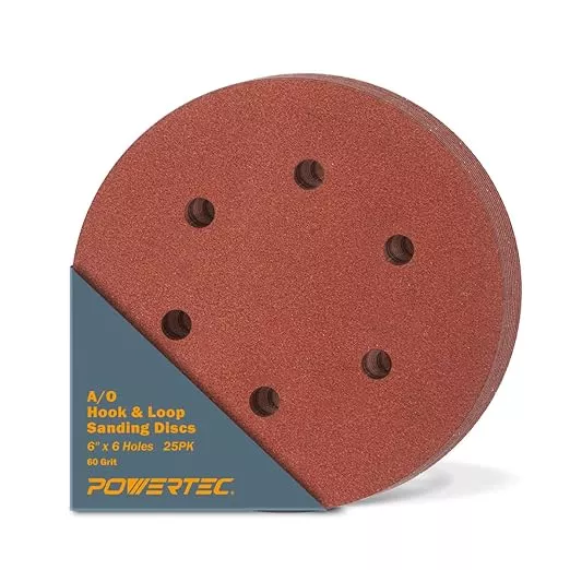 POWERTEC 60 Grit, 25 PK, 6 Inch Sanding Discs – Hook and Loop, 6-Hole Aluminum Oxide Orbital Sander Pads, Woodworking & Paint Round Sandpaper for Random Orbital, Air, Pneumatic & DA Sanders (45206)
