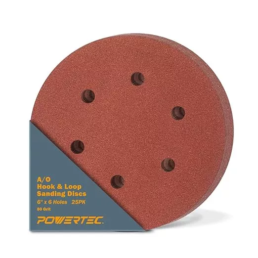 POWERTEC 80 Grit, 25 PK, 6 Inch Sanding Discs – Hook and Loop, 6-Hole Aluminum Oxide Orbital Sander Pads, Woodworking & Paint Round Sandpaper for Random Orbital, Air, Pneumatic & DA Sanders (45208)