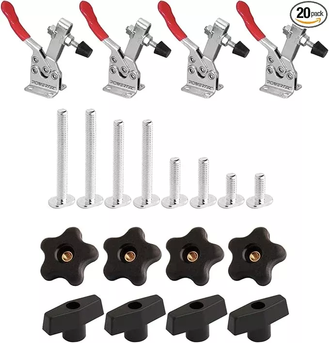 POWERTEC Toggle Clamp and T Track Knob Kit Woodworking Tools for T Track | 4PK, 300 lbs Holding Capacity, 201B Quick Release Horizontal Clamps & Set of 16 T Track Bolts and knobs (72116)