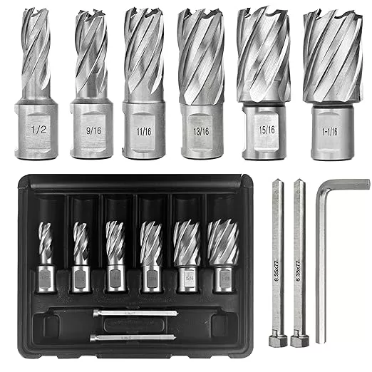 Pro Edge 6pcs Annular Cutter Set, 1" Cutting Depth, 1/2" to 1-1/16" Cutting Diameter, M2 Mag Drill Bits for Magnetic Drill Press with 2 Pilot Pin & 1 Hex Wrench, for Steel, Aluminum, Copper