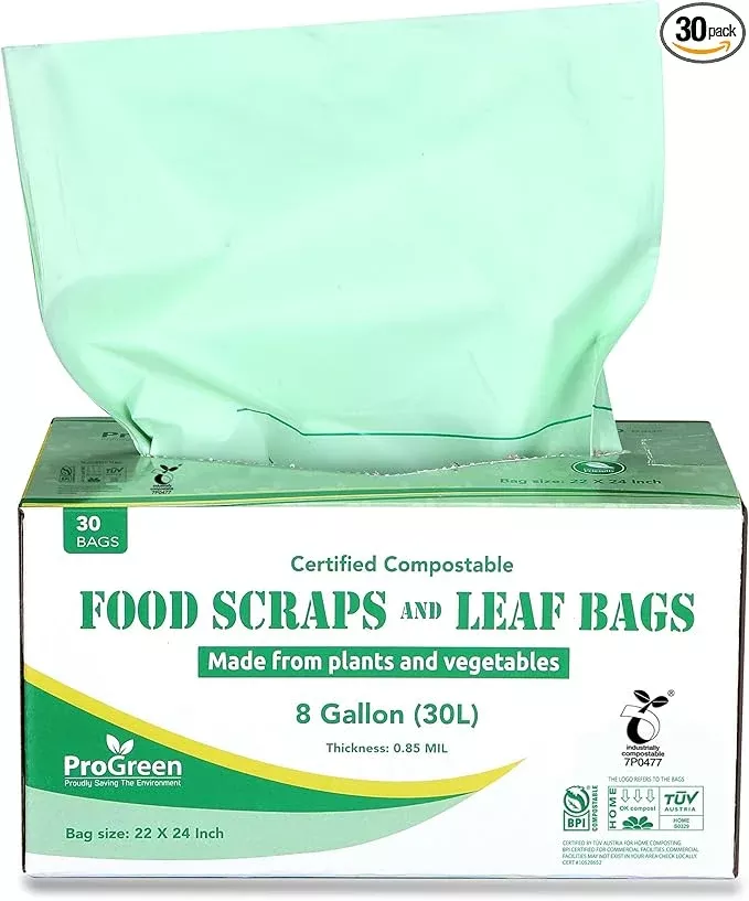 ProGreen Compostable Trash Bags, Extra Thick, Compost Kitchen Bin Bags, Food Scraps Yard Waste Bags, ASTM D6400 BPI and TÜV AUSTRIA Certified (8 Gallon, Pack of 100)