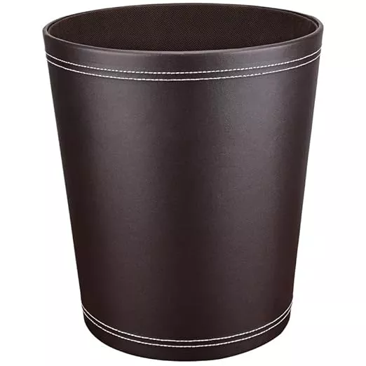 Pu Leather Trash Can for Bedroom, 2.6 Gallon Wastebasket for Office, Small Bathroom Garbage Cans for Home Decorative, Round Waste Basket Bin for Dorm Kitchen Brown