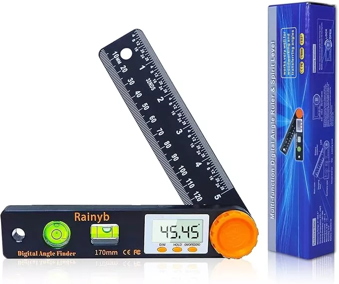 Rainyb Digital Angle Finder Tool 5 inch Pocket Protractor 0-360 degree LED Digital Protractor with Horizontal Bubble Levels and Ruler Meter Accurate Tool for Carpenters,Woodworkers,Fabricators(5 inch)