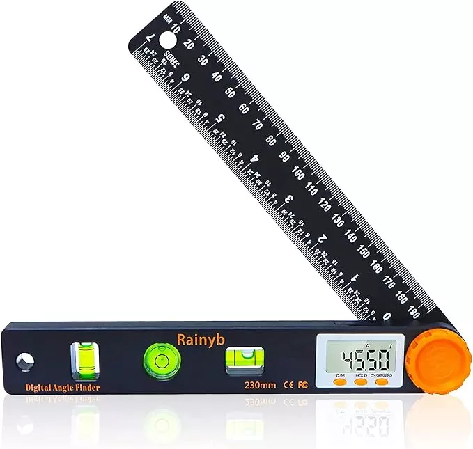 Rainyb Digital Angle Finder Tool 7inch 0-360 degree LED Digital Protractor with Horizontal Vertical Bubble Levels and Ruler Meter Accurate Tools for Carpenters,Woodworkers,Fabricators