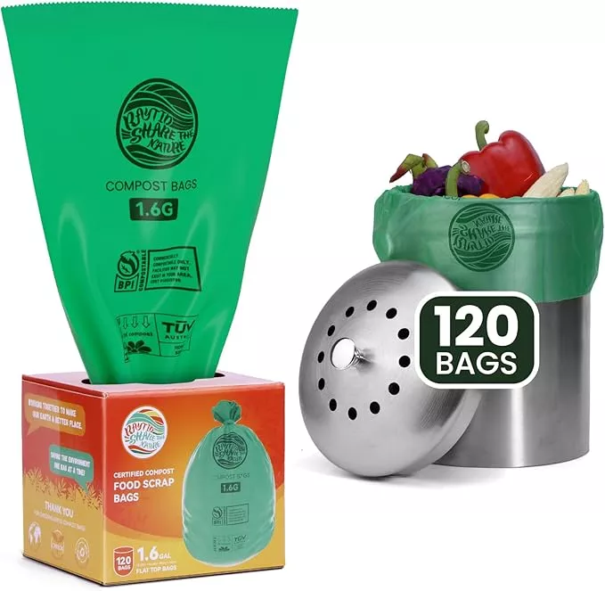 RAYTID 120 Counts 1.6 Gallon (1.6-1.75-2 Gal) Compost bin kitchen Bags, Strong compost bags for countertop bin, Fit 4.5,6,7,8 Liters.ASTM D6400, US BPI and Europe OK compost HOME certified