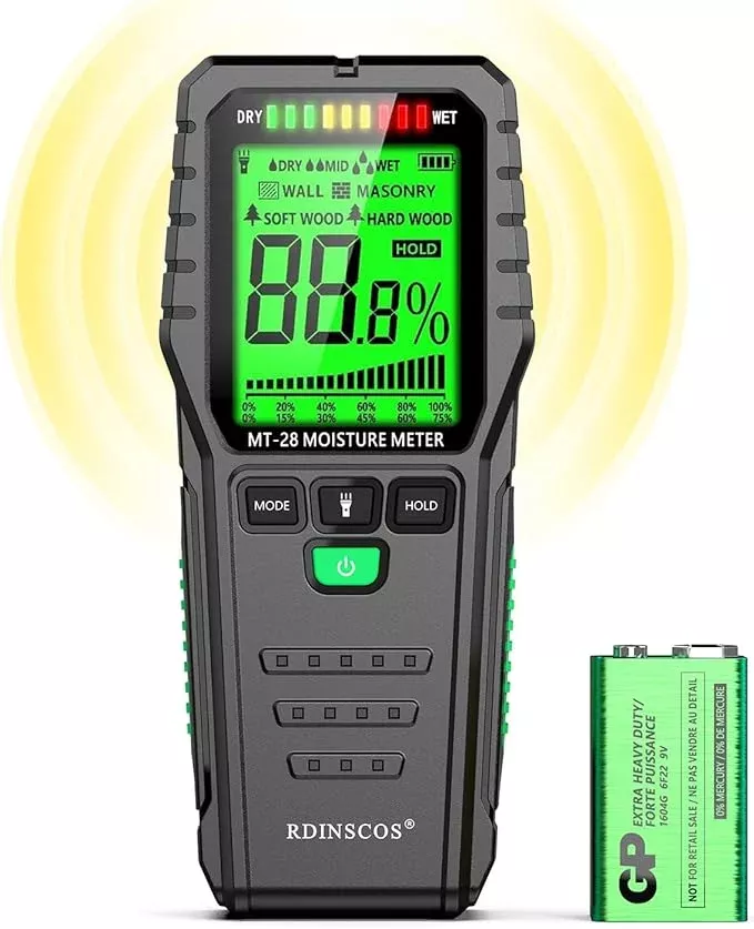 RDINSCOS Pinless Moisture Meter for Leak Detection, Water Damage Detector for Wood, Drywall, Concrete & Building Materials – Easy Calibration, Data Hold, and Flashlight – Moisture Tester for Basement