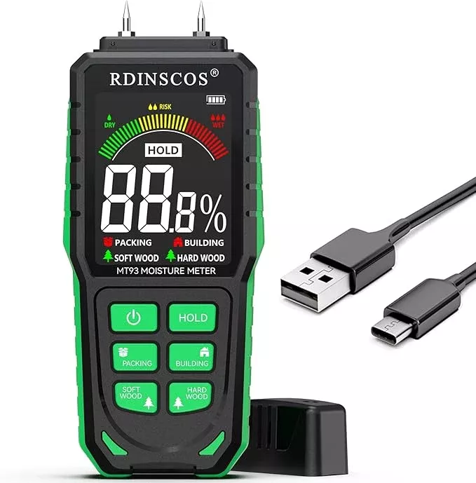 Rechargeable Moisture Meter for Wood, Walls & Hardwood – Accurate Pin-Type Digital Tester with Large Color Display, Automatic Alarm, Calibration & HOLD Function for DIY & Construction Projects