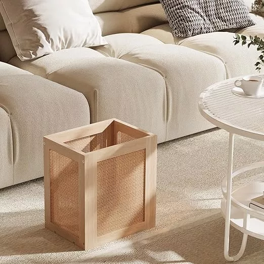 Retro Office Trash Can, Iron and Wood Combination Bedroom Garbage Can, Rectangular Design Wastebasket with Handle, Industrial Style Trash Can for Home Office, 4.5 Gallon (Natural Color)