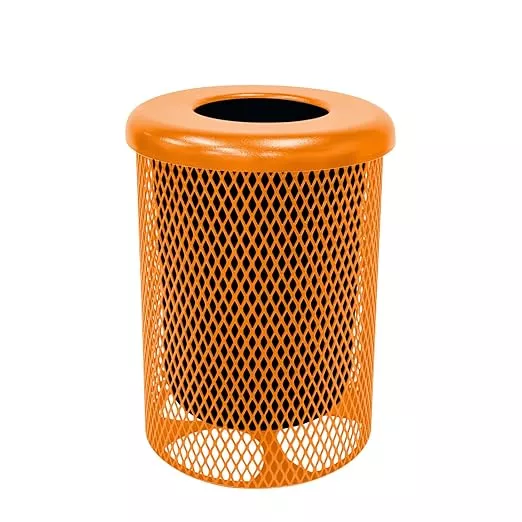 RFT-ORG Heavy Duty Round Trash Receptacle with Flat Top, Liner Included, 32 Gallon, Orange, Made in America