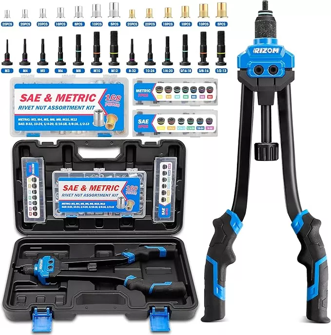 Rizom Rivet Nut Tool, 16” Rivnut Tool Kit with 13 Metric and SAE Mandrels, Threaded Nutsert Tool, 168PCS Rivet Nut Assortment Kit in Organized Carrying Case