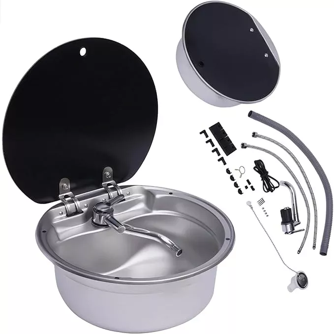 RV, Bar, Kitchen Sink with Folde Faucet C &Lid, Undermount Stainless Steel Single Bowl Small Drop In Sink Hand Wash Basin for Workstation, RV, Boat, Kitchen, Camper Van,Bar