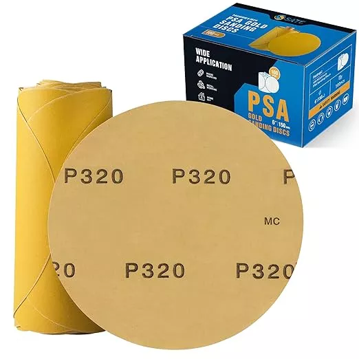 S SATC Premium Gold Sandpaper 6 Inch 100 PCS Sanding Discs 320 Grit Self Adhesive Stickyback Sandpaper Roll Aluminum Oxide PSA Sandpaper Discs for Wood, Metal, and Car Paint