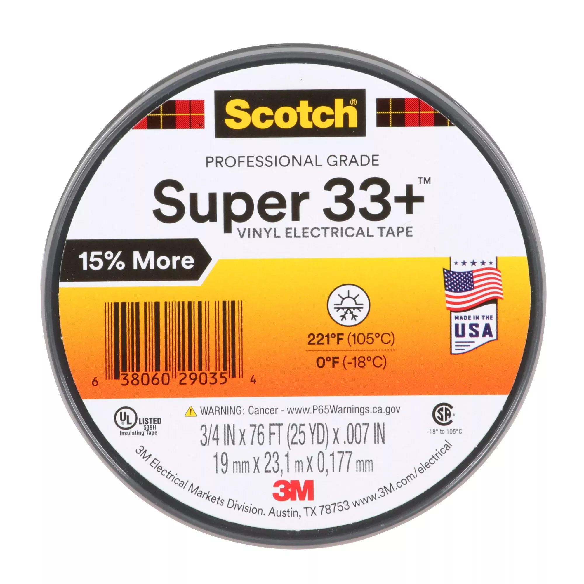 Scotch Super 33+ Vinyl Electrical Tape, 3/4 in x 76 ft, 1 in Core,Black