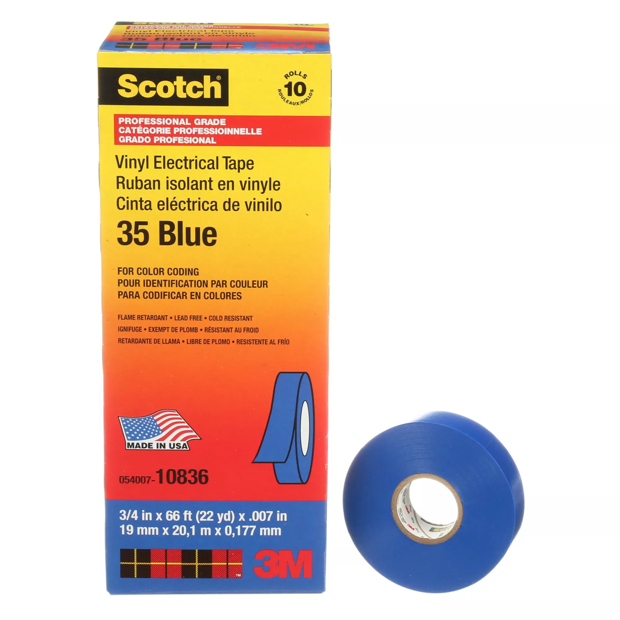 Scotch Vinyl Color Coding Electrical Tape 35, 3/4 in x 66 ft, Blue