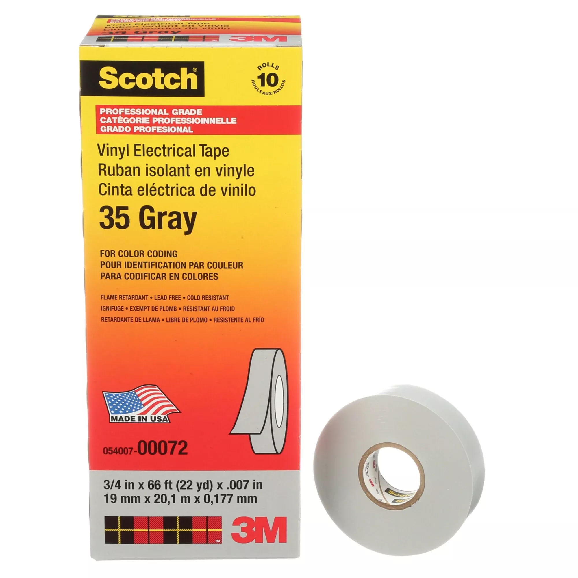Scotch Vinyl Color Coding Electrical Tape 35, 3/4 in x 66 ft, Gray