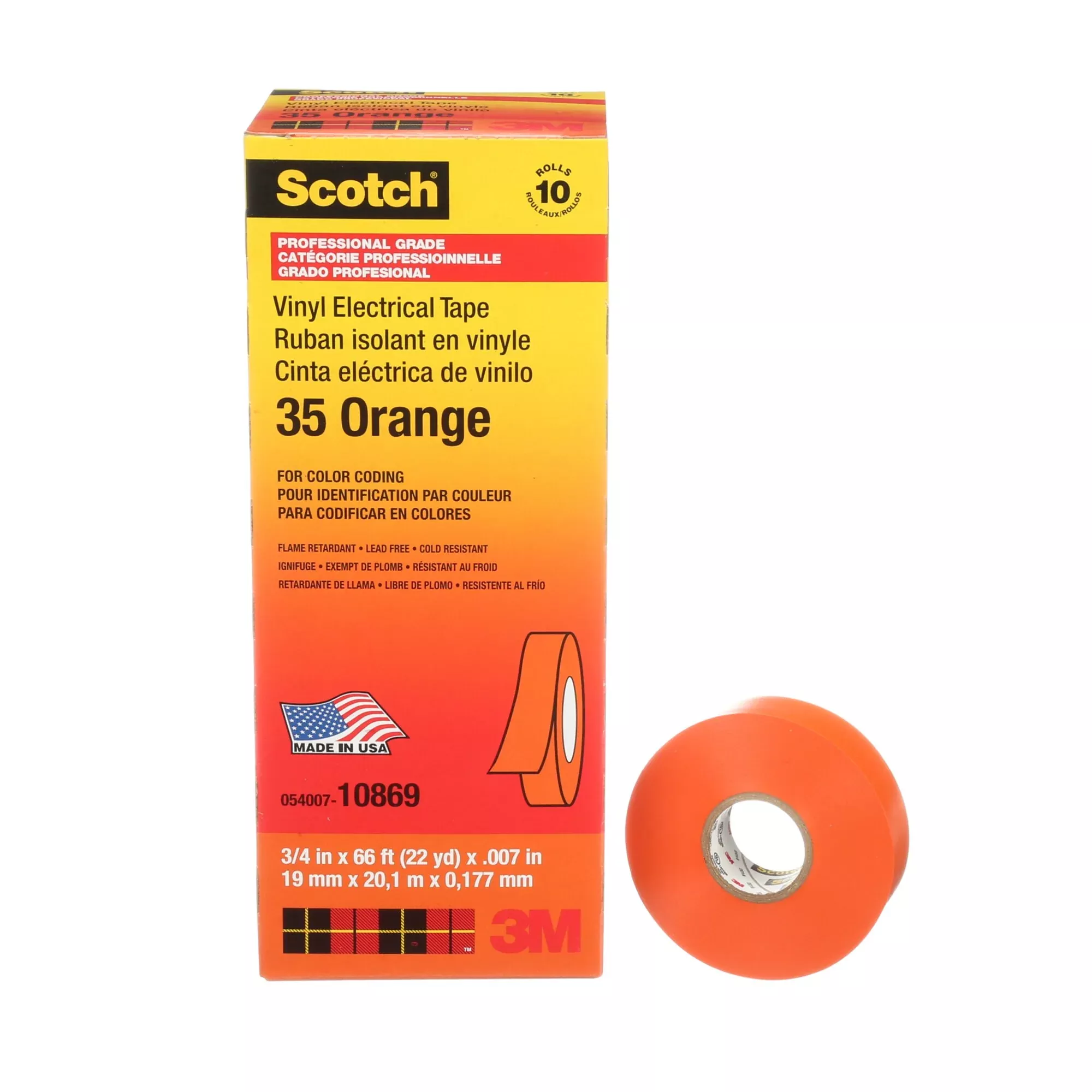 Scotch Vinyl Color Coding Electrical Tape 35, 3/4 in x 66 ft, Orange