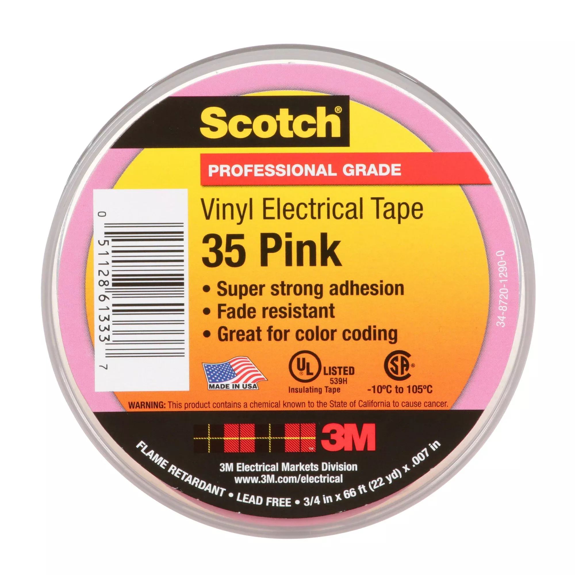 Scotch Vinyl Color Coding Electrical Tape 35, 3/4 in x 66 ft, Pink
