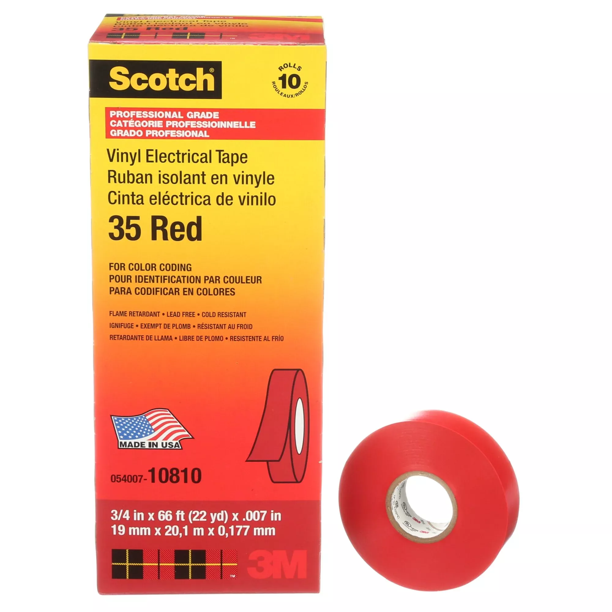 Scotch Vinyl Color Coding Electrical Tape 35, 3/4 in x 66 ft, Red