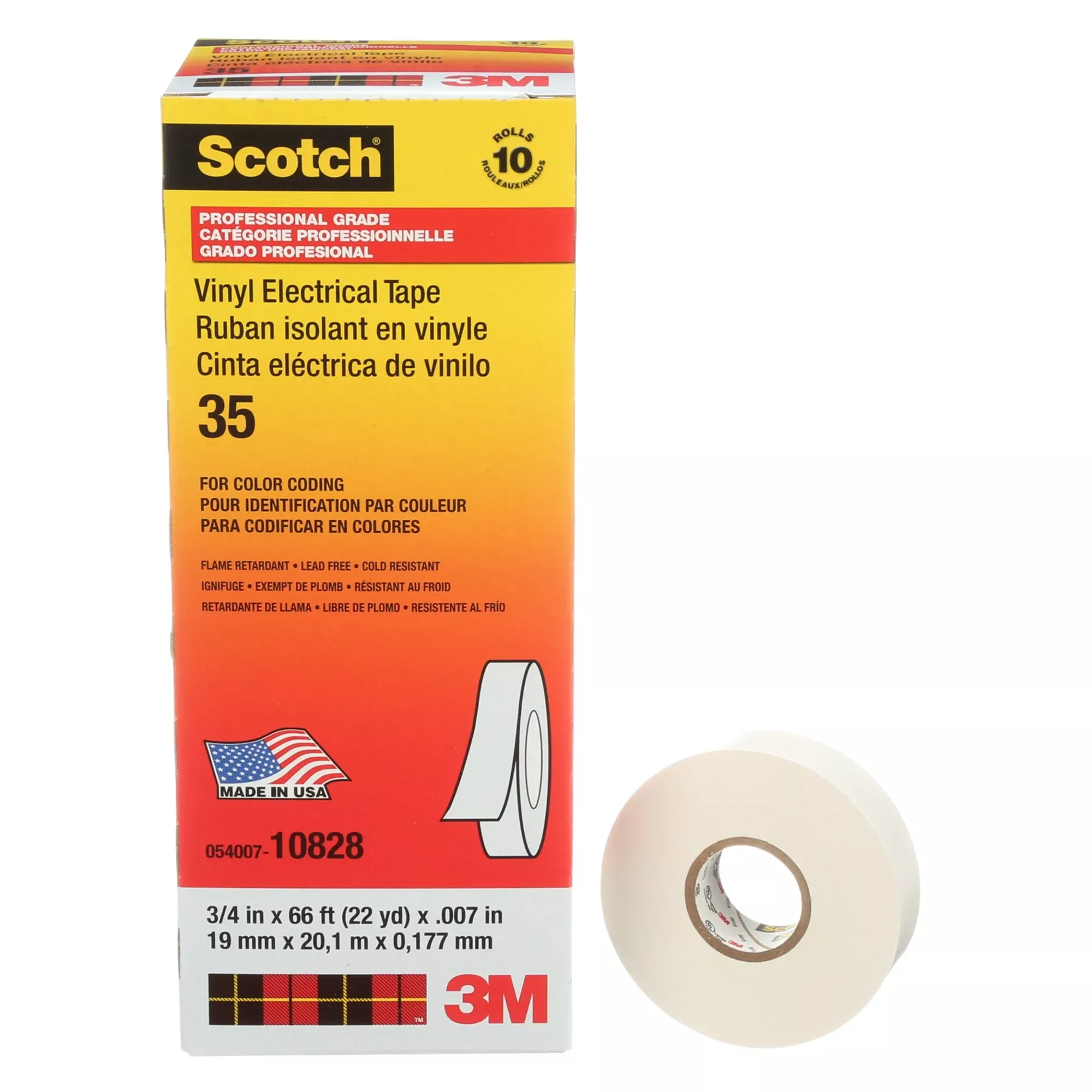 Scotch Vinyl Color Coding Electrical Tape 35, 3/4 in x 66 ft, White