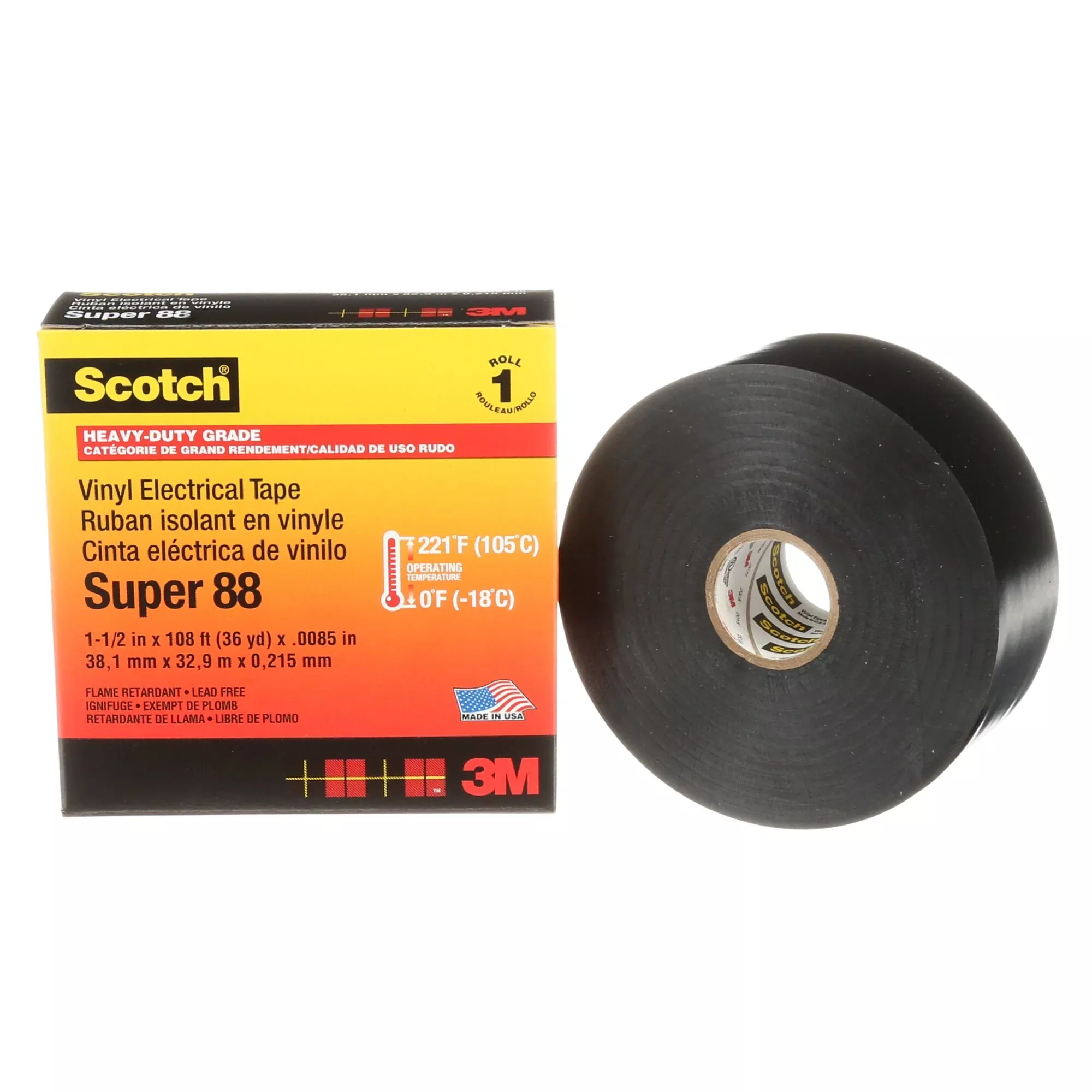 Scotch Vinyl Electrical Tape Super 88, 1-1/2 in x 36 yd, Black