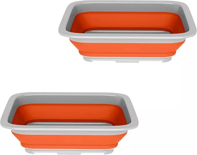 Set of 2 Multipurpose Wash Bins – 10-Liter Basins for Travel or Cleaning – Collapsible Bucket Camping Accessories by Wakeman (Orange)