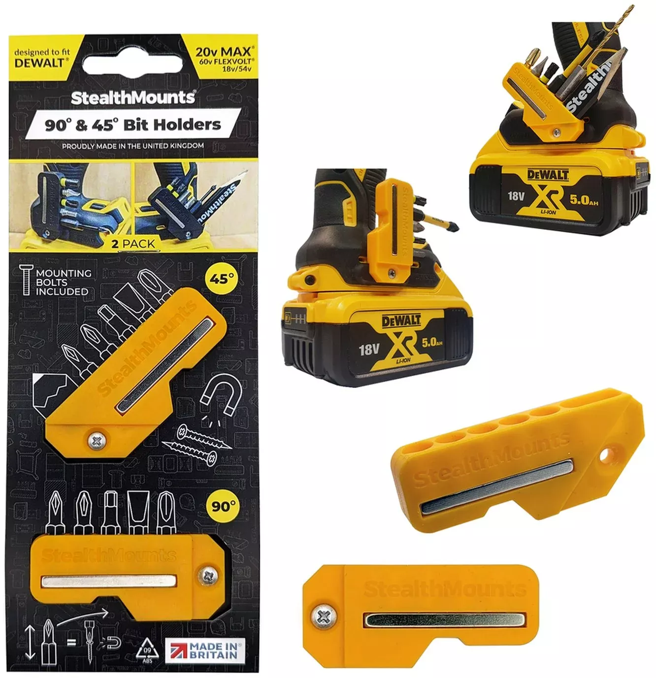 StealthMounts 45° & 90° Magnetic Bit Holder for DeWALT XR & Flexvolt Tools, 2-Pack