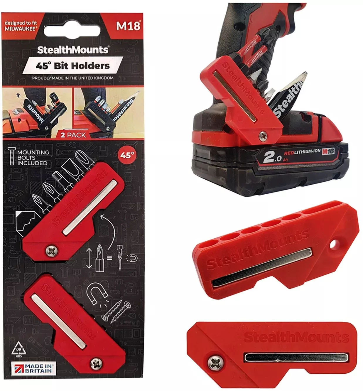 StealthMounts 45° Magnetic Bit Holder for Milwaukee M18 Tools, 2-Pack