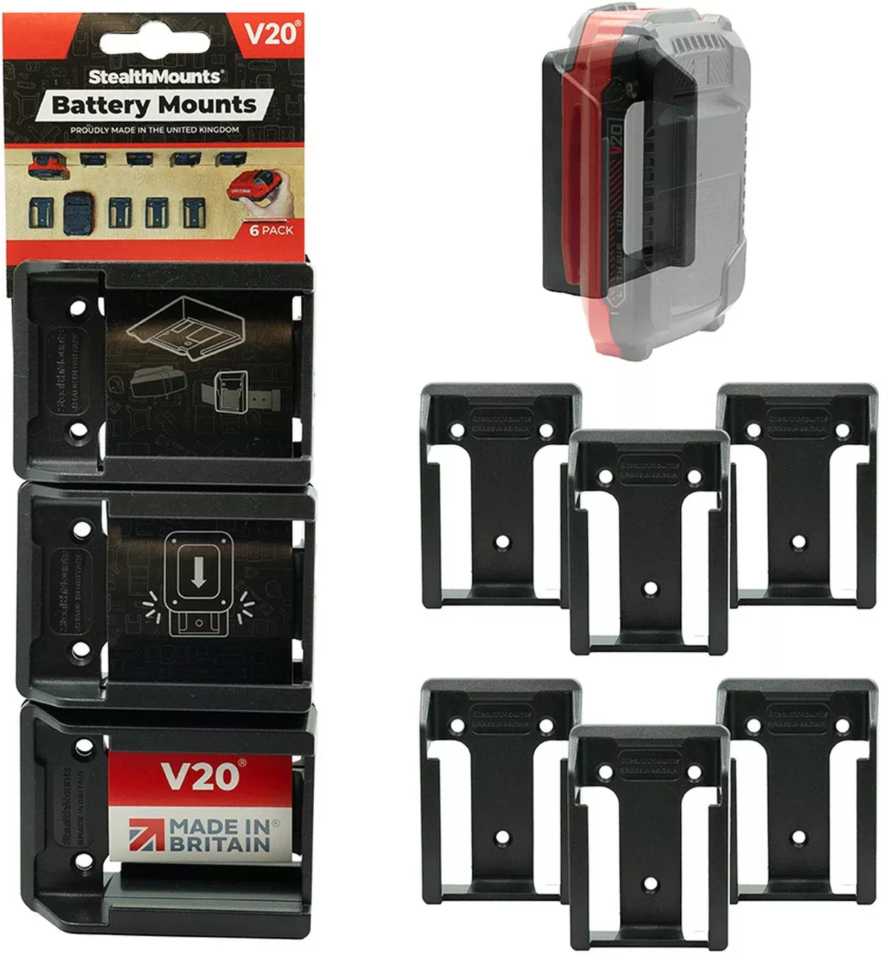 StealthMounts Battery Mounts for Craftsman V20 Black, 6-Pack