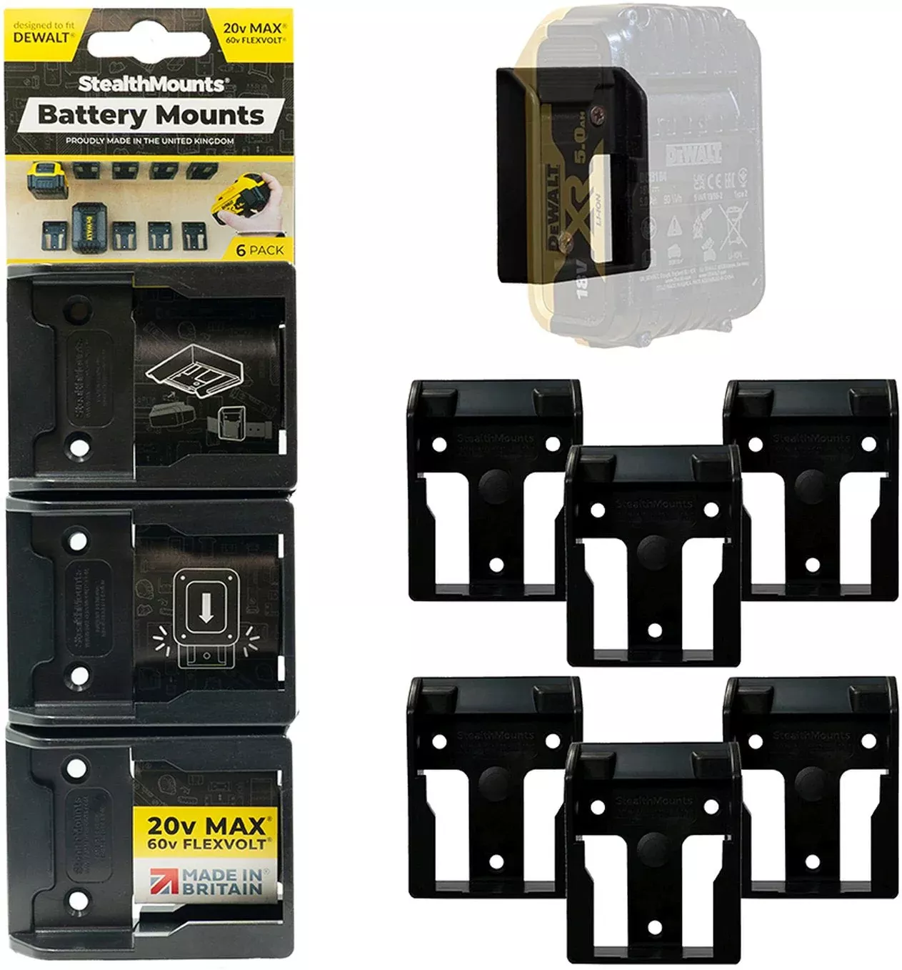 StealthMounts Battery Mounts for DeWALT 20V and Flexvolt, 6-Pack