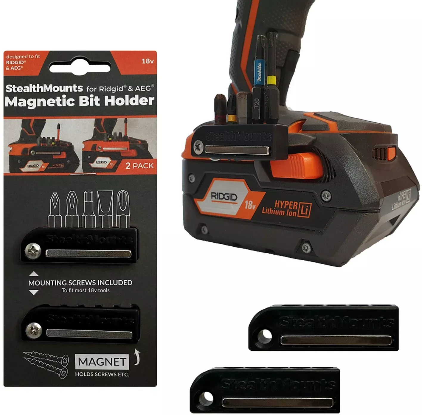 StealthMounts Magnetic Bit Holder for AEG & Ridgid 18V Tools, 2-Pack
