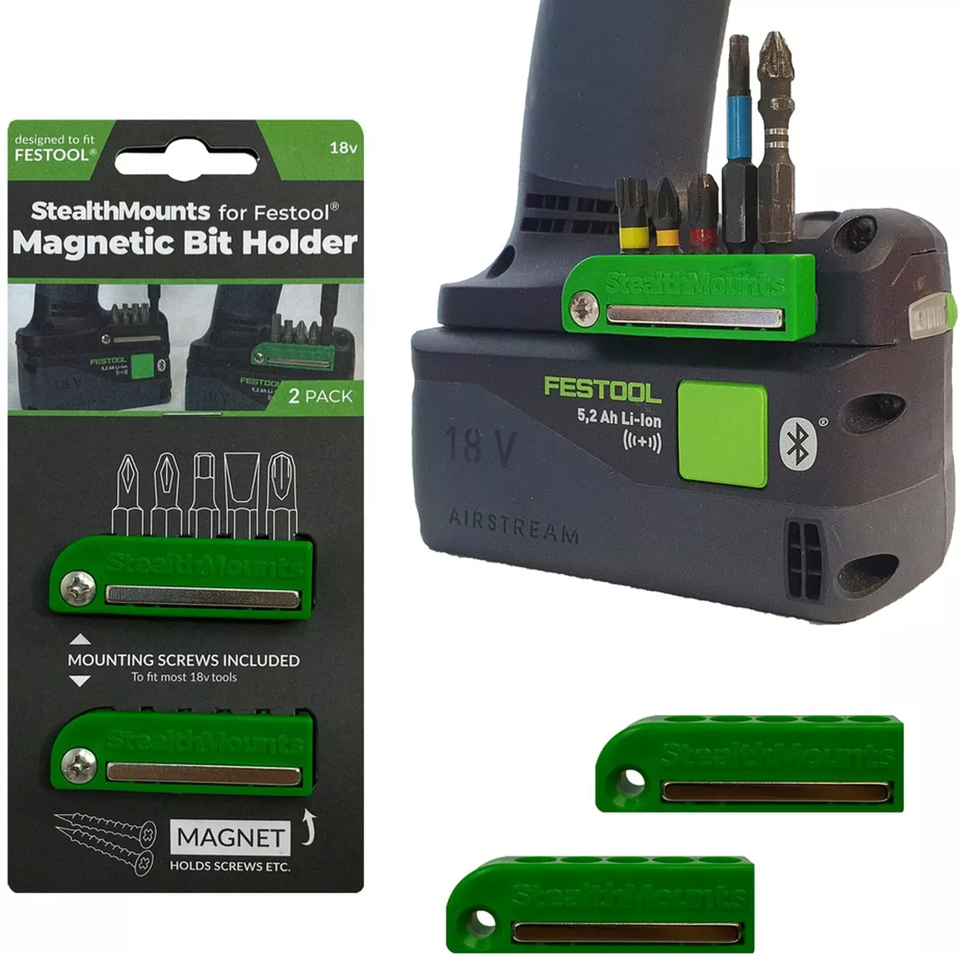 StealthMounts Magnetic Bit Holder for Festool 18V Tools Green, 2-Pack