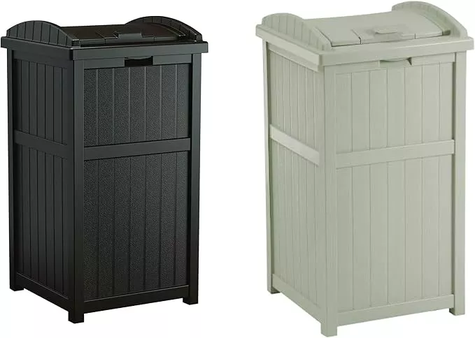 Suncast 2 Pack 33 Gallon Durable Plastic Hideaway Outdoor Garbage Can with Secure Lid and Wicker Design for Home Backyards, 1 Java Brown and 1 Taupe