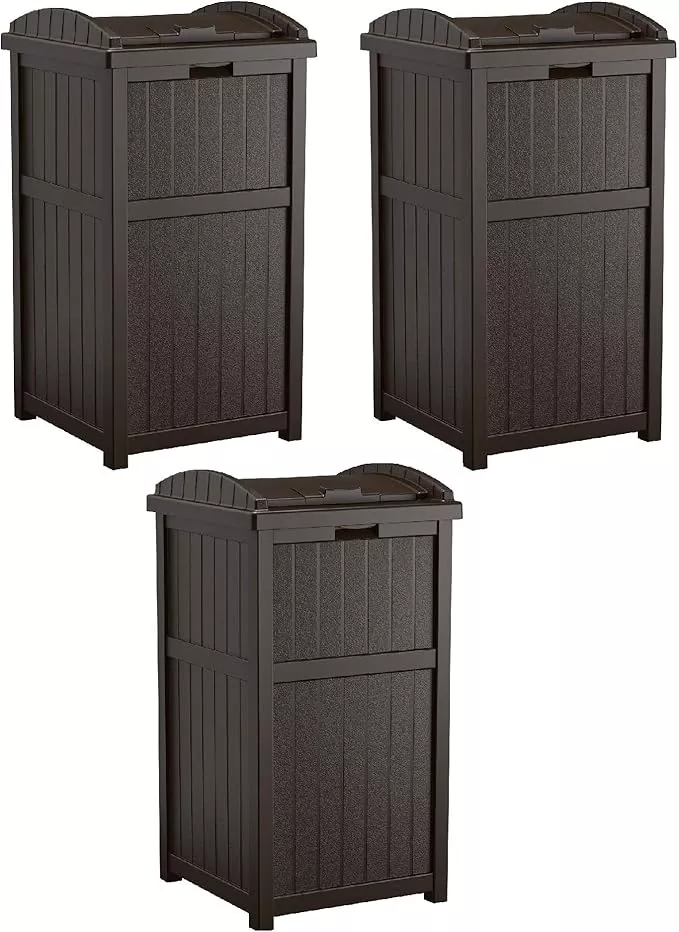 Suncast 3 Pack 33 Gallon Durable Plastic Hideaway Outdoor Garbage Can with Secure Lid & Wicker Design for Home Backyards, Decks, or Patios, Java Brown