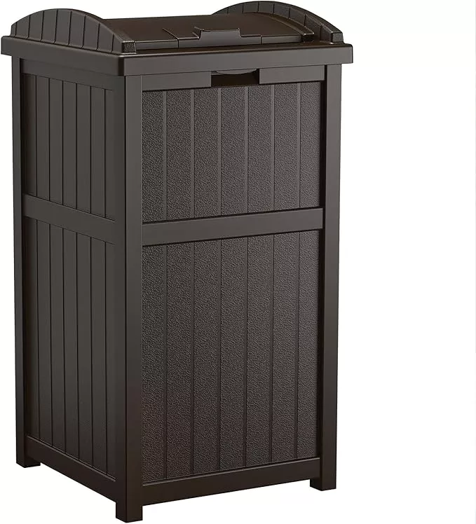 Suncast 33 Gallon Durable Plastic Hideaway Outdoor Garbage Can with Secure Lid and Wicker Design for Home Backyards, Decks, or Patios, Java Brown