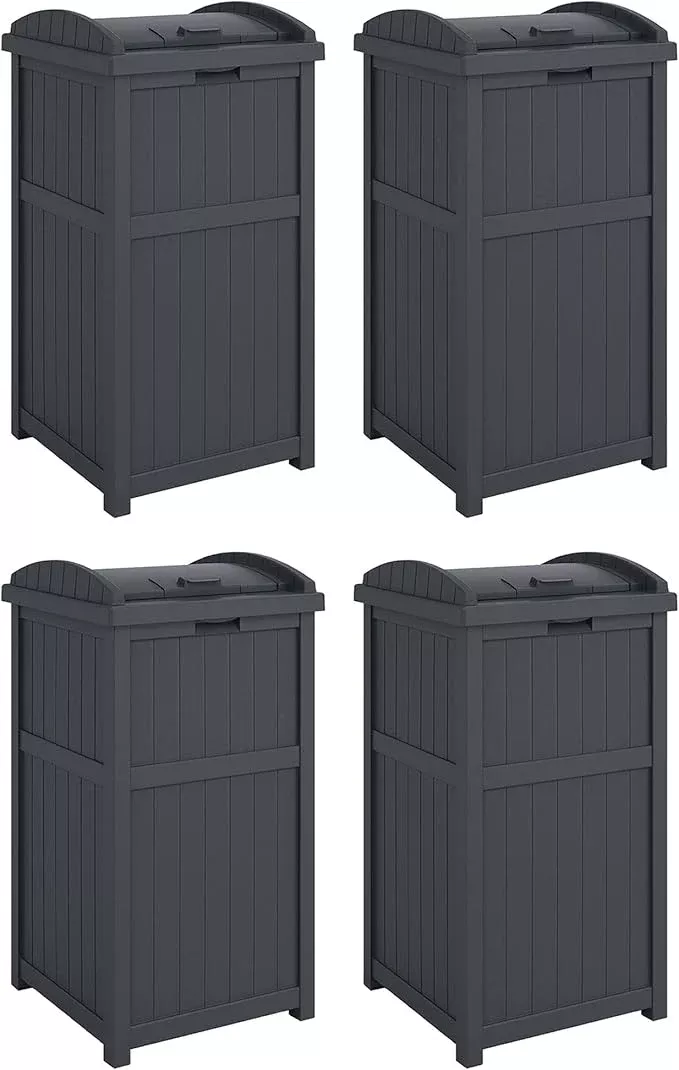 Suncast 4 Pack Outdoor Waste Bin Trash Hideaway Container with Latching Lid, 33 Gallon Capacity