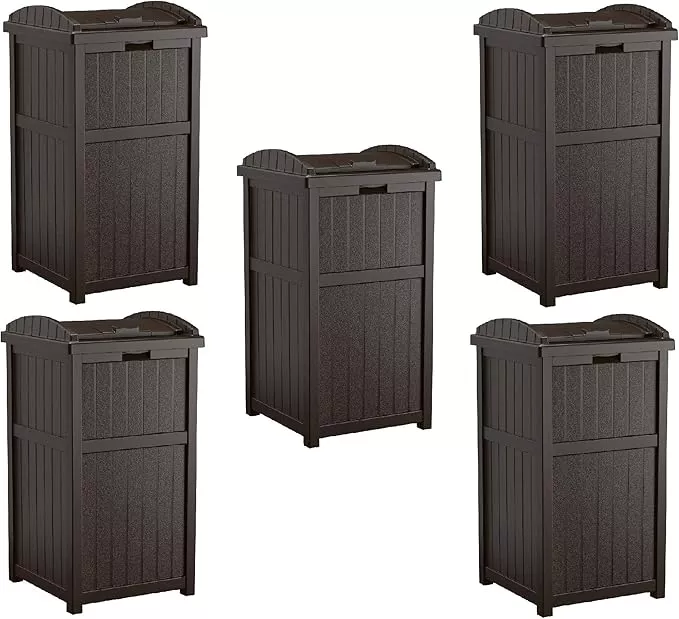 Suncast 5 Pack 33 Gallon Durable Plastic Hideaway Outdoor Garbage Can with Secure Lid & Wicker Design for Home Backyards, Decks, or Patios, Java Brown