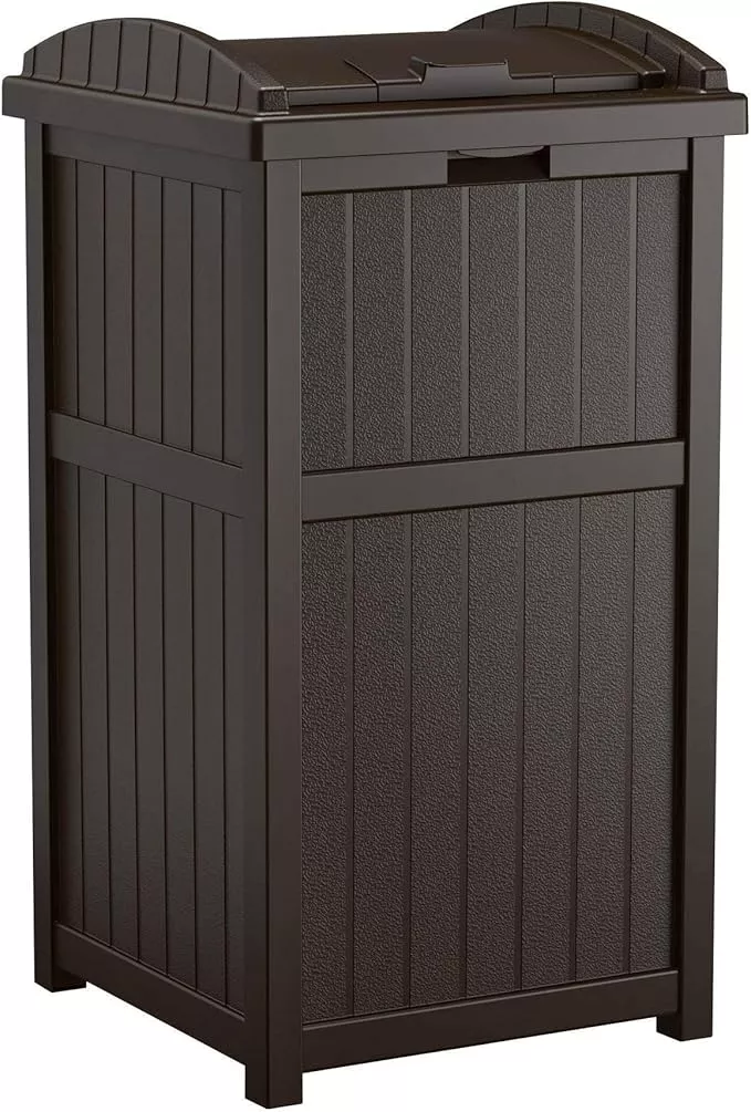 Suncast Trash Hideaway Durable Plastic Outdoor Garbage Waste Trash Can with Lid for 30 to 33 Gallon Trash Bags, Java Brown (2 Pack)