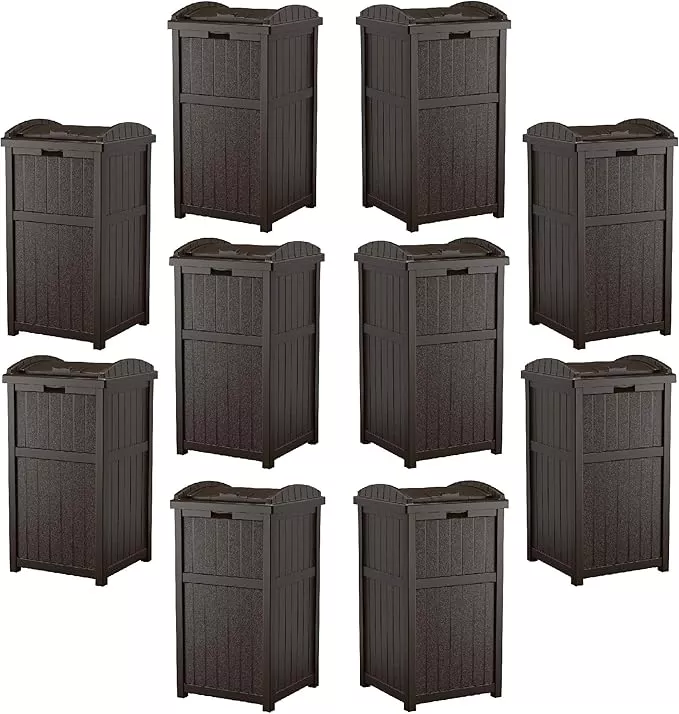 Suncast Trash Hideaway Outdoor 33 Gallon Garbage Waste Can Bin, Java (10 Pack)