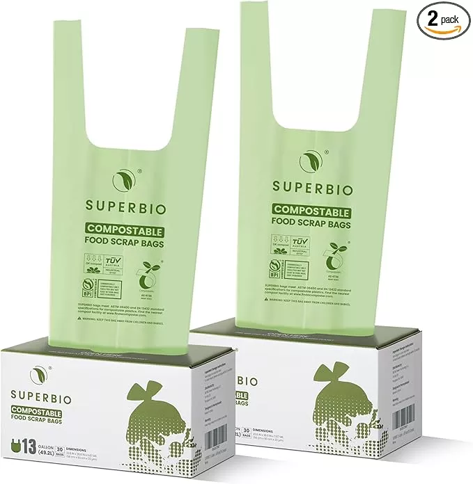 SUPERBIO 13 Gallon Handle Tie Compostable Food Waste Bags, 30 Count, 2 Pack, ASTM D6400, BPI and OK compost INDUSTRIAL, 49.2L, 0.87 Mil