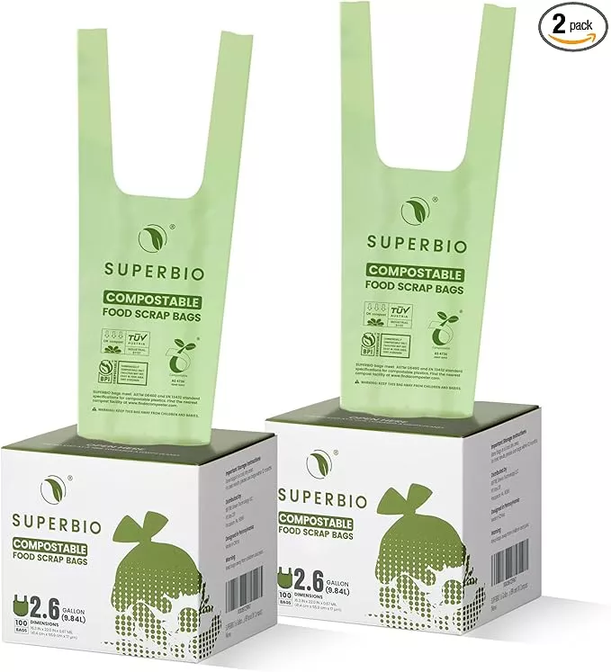 SUPERBIO 2.6 Gallon Compostable Bags, 100 Count, 2 Pack, 9.84L, Handle Tie Food Waste Bags, BPI and OK compost INDUSTRIAL Certified