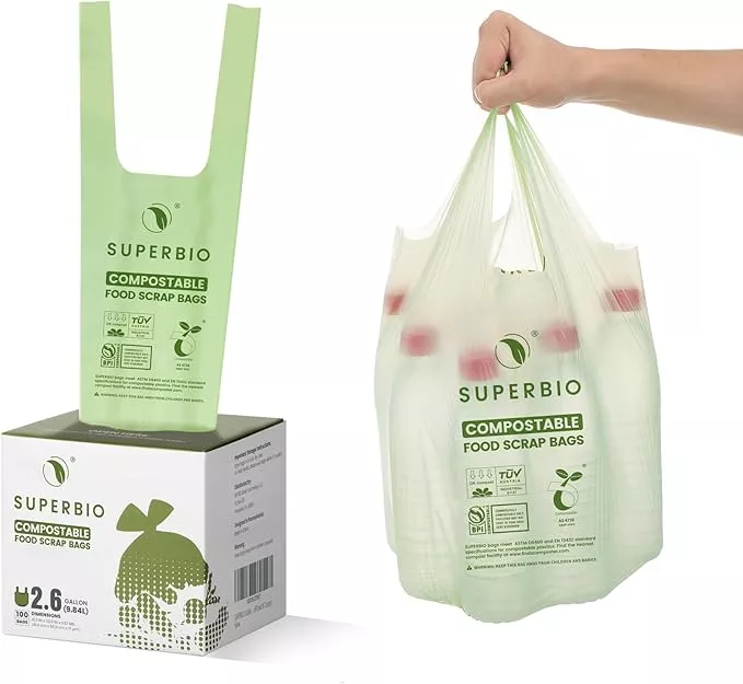 SUPERBIO 2.6 Gallon Compostable Bags with Handles, 100 Count,1 Pack, Food Scrap Bags Certified by BPI and OK compost INDUSTRIAL, 9.84L