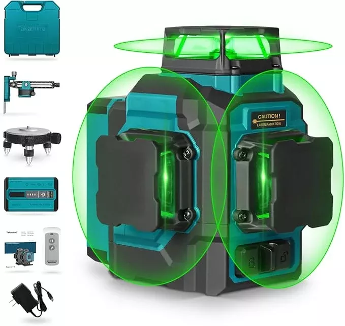 Takamine 3x360° 12 Lines Self Leveling Green Laser Level, 3D Cross Line for Construction/Picture Hanging with Removable Li-ion Battery, Remote Controller, Magnetic Rotating Stand and Hard Case