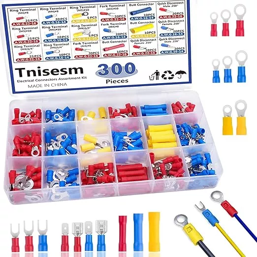 Tnisesm 300PCS Insulated Wire Crimp Connectors Assortment Kit with Ring, Spade, Butt, Quick Disconnect, Crimp Automotive Cable Terminals TN-T01