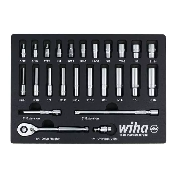 Wiha 33396 25-Piece 1/4 in. Drive Professional Standard And Deep Socket Tray Set, SAE