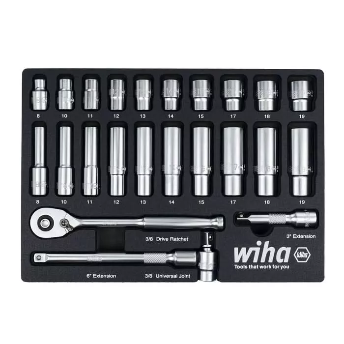 Wiha 33795 24-Piece 3/8 in. Drive Professional Standard And Deep Socket Tray Set, Metric