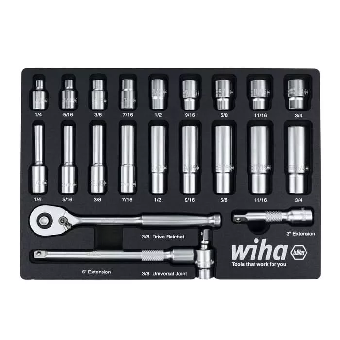 Wiha 33796 22-Piece 3/8 in. Drive Professional Standard And Deep Socket Tray Set, SAE