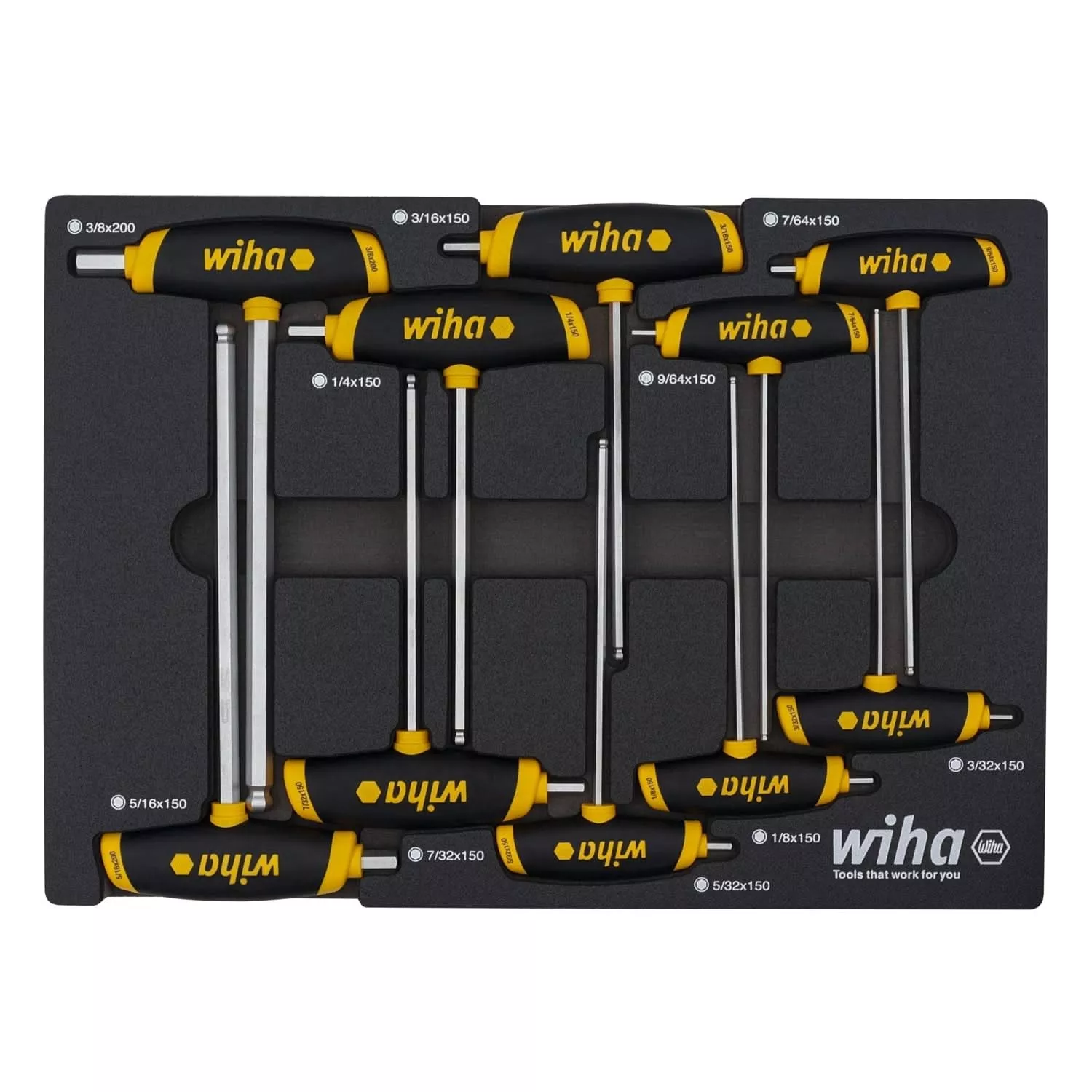 Wiha 54081 10-Piece SoftGrip Dual Drive Hex SAE T-Handle Tray Set